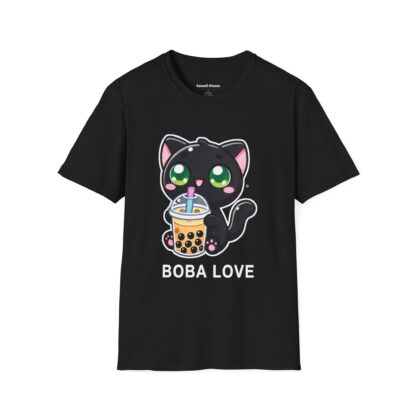 Boba Love Kawaii Style Cute Black Kitten Drinking Boba Tea T-Shirt - Image 3